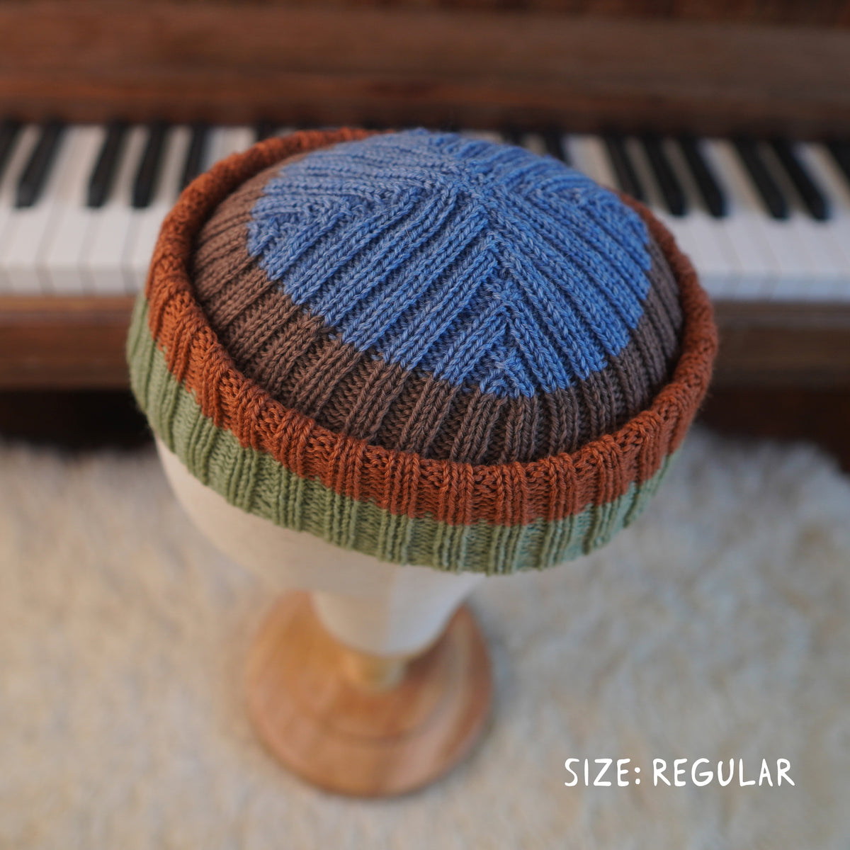 The Southlander REKNIT – one-of-a-kind hand knit wool beanie in nordic blue, brown, light green and orange (RHF01-RK27)