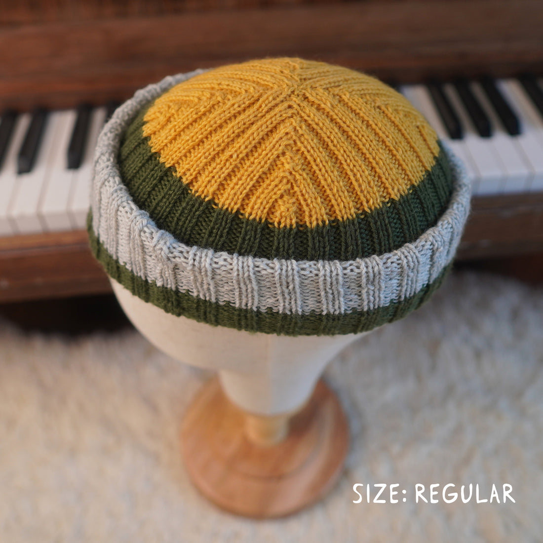 The Southlander REKNIT – one-of-a-kind hand knit wool beanie in honey mustard, moss green and light gray (RHF01-RK28)
