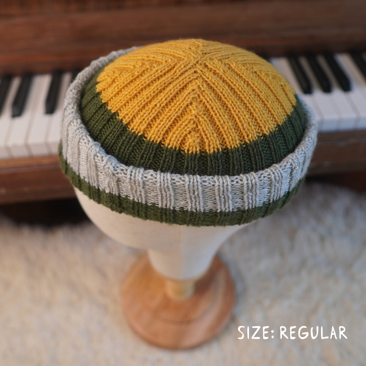 The Southlander REKNIT – one-of-a-kind hand knit wool beanie in honey mustard, moss green and light gray (RHF01-RK28)