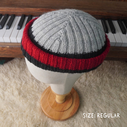 The Southlander REKNIT – one-of-a-kind hand knit wool beanie in light gray, charcoal and red (RHF01-RK45)