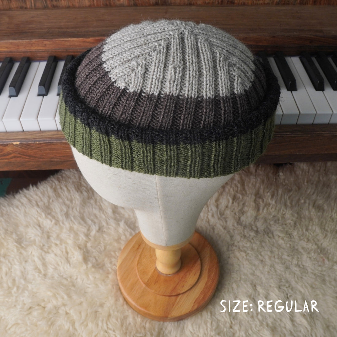 The Southlander REKNIT – one-of-a-kind hand knit wool beanie in light beige speckled, nut brown, moss green and charcoal (RHF01-RK47)