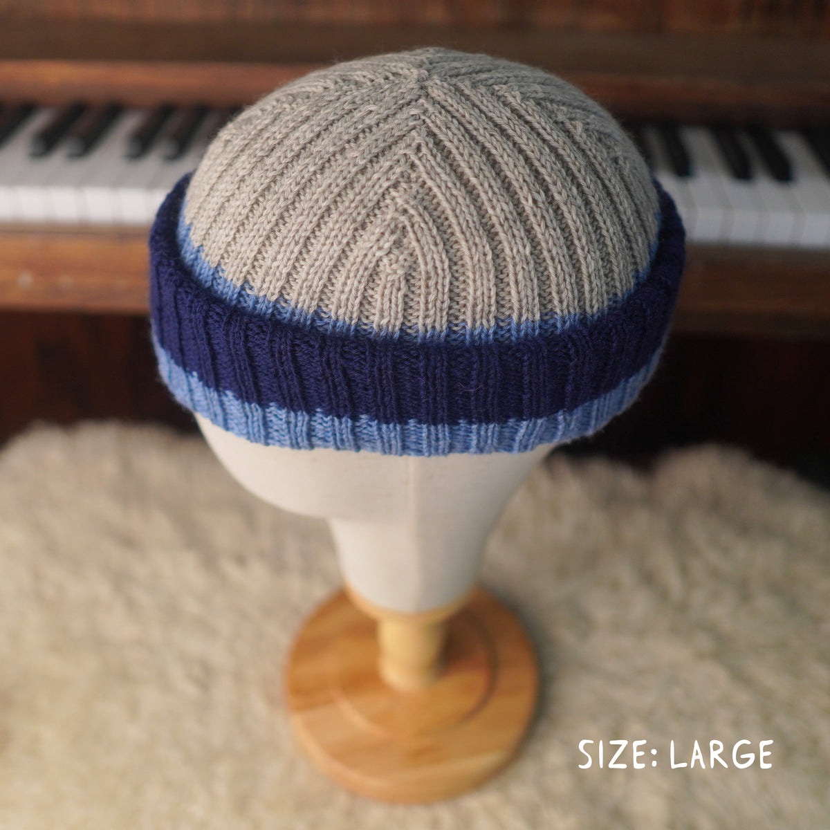 The Southlander REKNIT – one-of-a-kind hand knit wool beanie in light beige speckled, nordic blue and navy (RHF01-RK61)