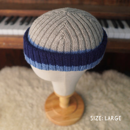 The Southlander REKNIT – one-of-a-kind hand knit wool beanie in light beige speckled, nordic blue and navy (RHF01-RK61)