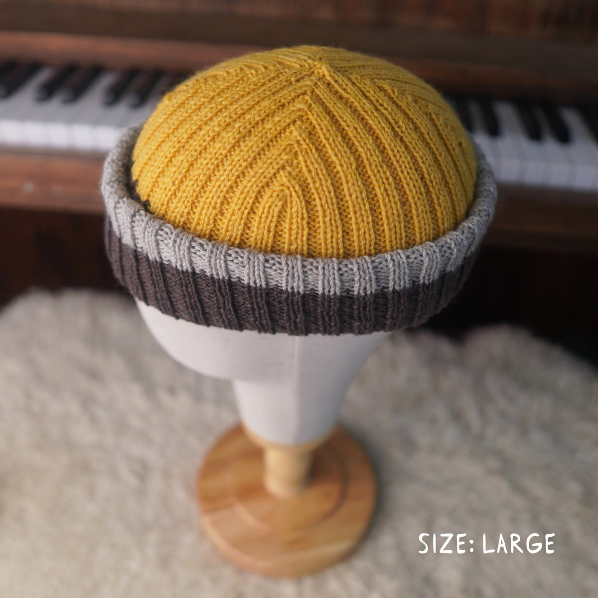 The Southlander REKNIT – one-of-a-kind hand knit wool beanie in honey mustard, nut brown and light beige speckled (RHF01-RK62)