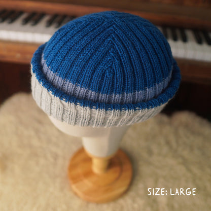 The Southlander REKNIT – one-of-a-kind hand knit wool beanie in ink blue, nordic blue and light gray (RHF01-RK64)