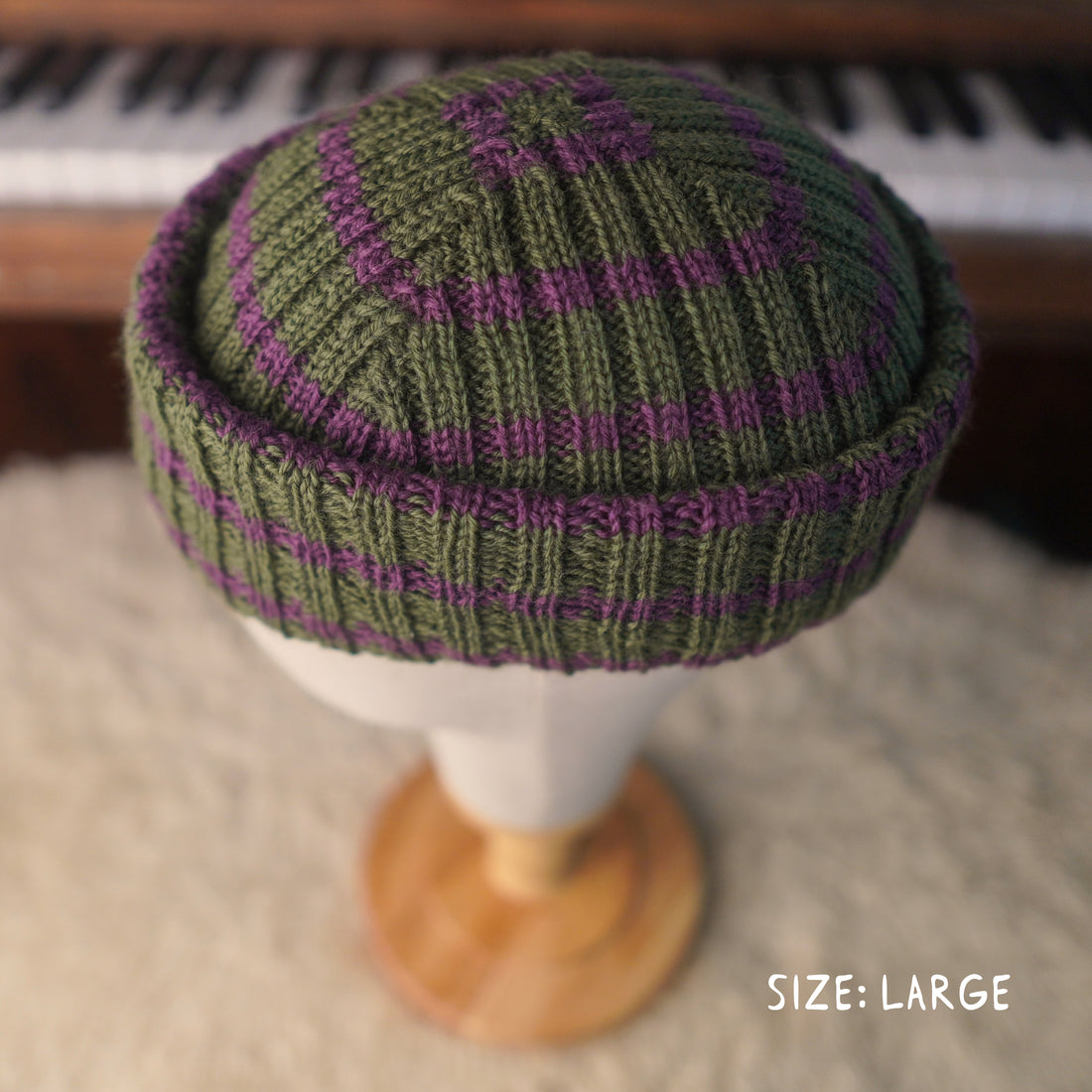 The Southlander REKNIT – one-of-a-kind hand knit wool beanie in moss green and purple (RHF01-RK69)
