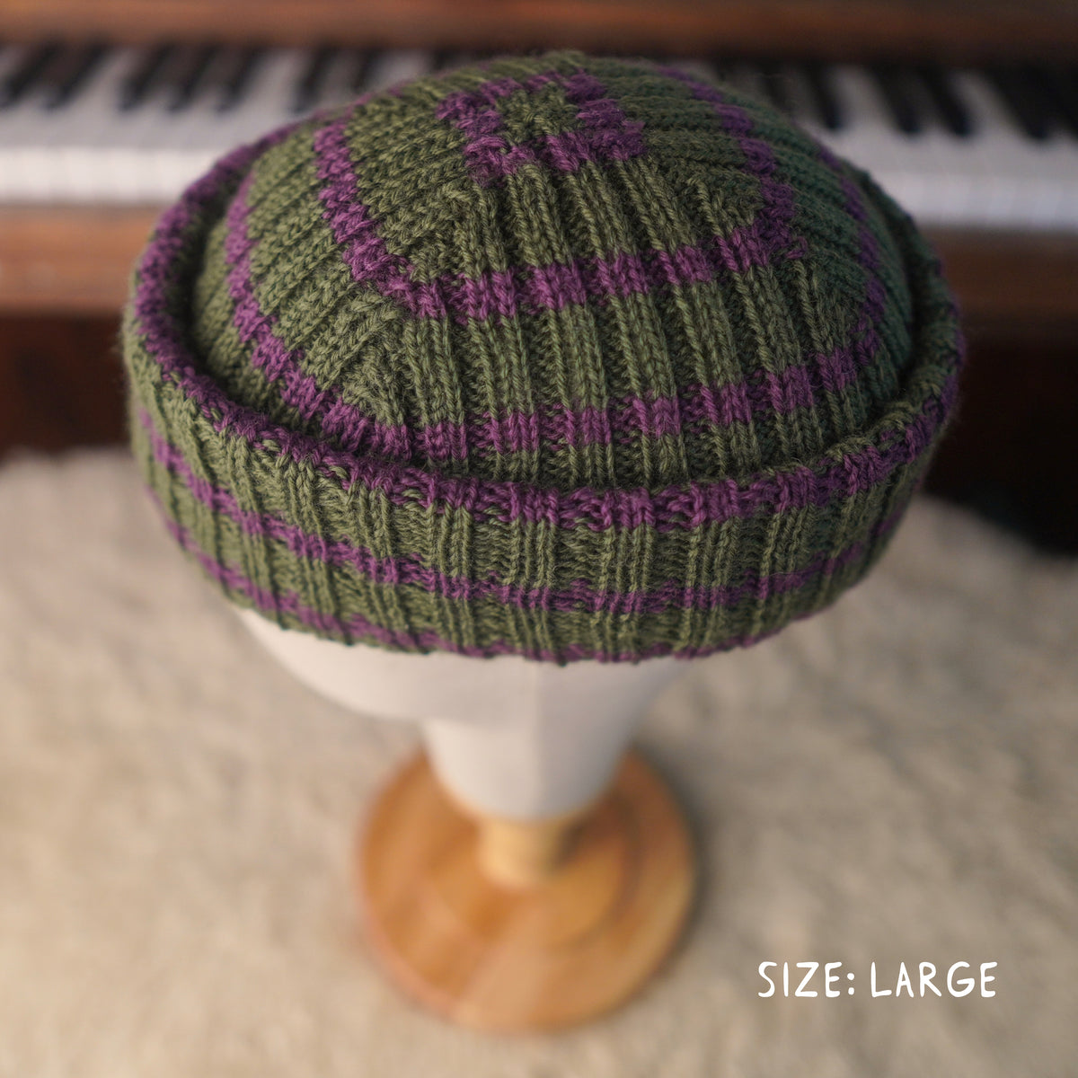 The Southlander REKNIT – one-of-a-kind hand knit wool beanie in moss green and purple (RHF01-RK69)