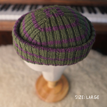 The Southlander REKNIT – one-of-a-kind hand knit wool beanie in moss green and purple (RHF01-RK69)