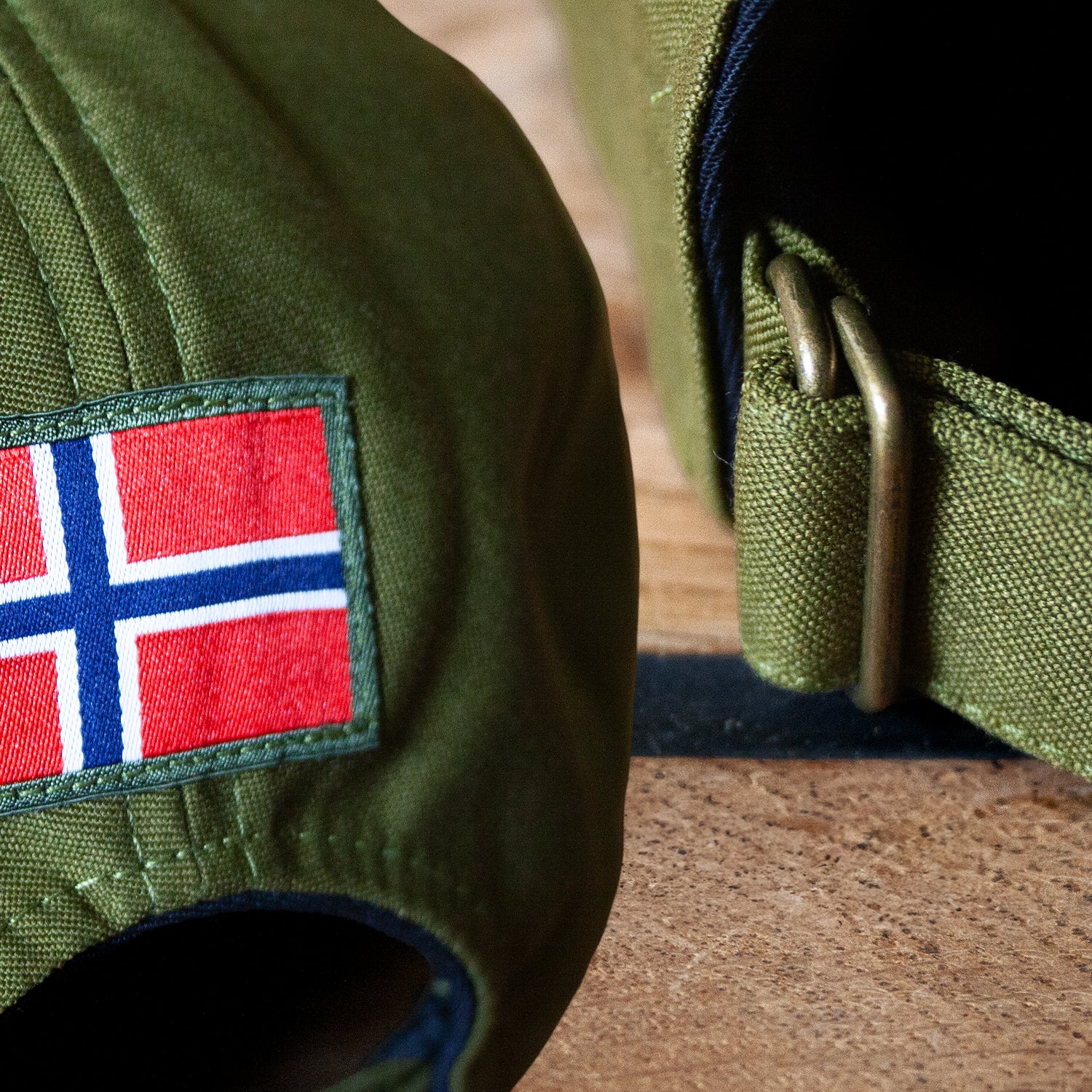 Hand crafted cotton caps, Norwegian flag close up
