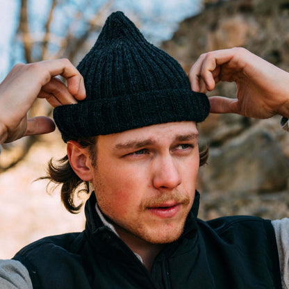 Hand knit pointy wool beanie hat — charcoal