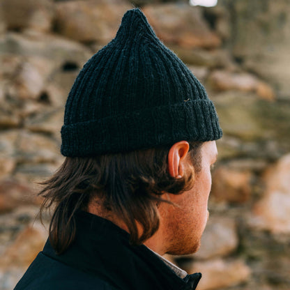 Hand knit pointy wool beanie hat — charcoal