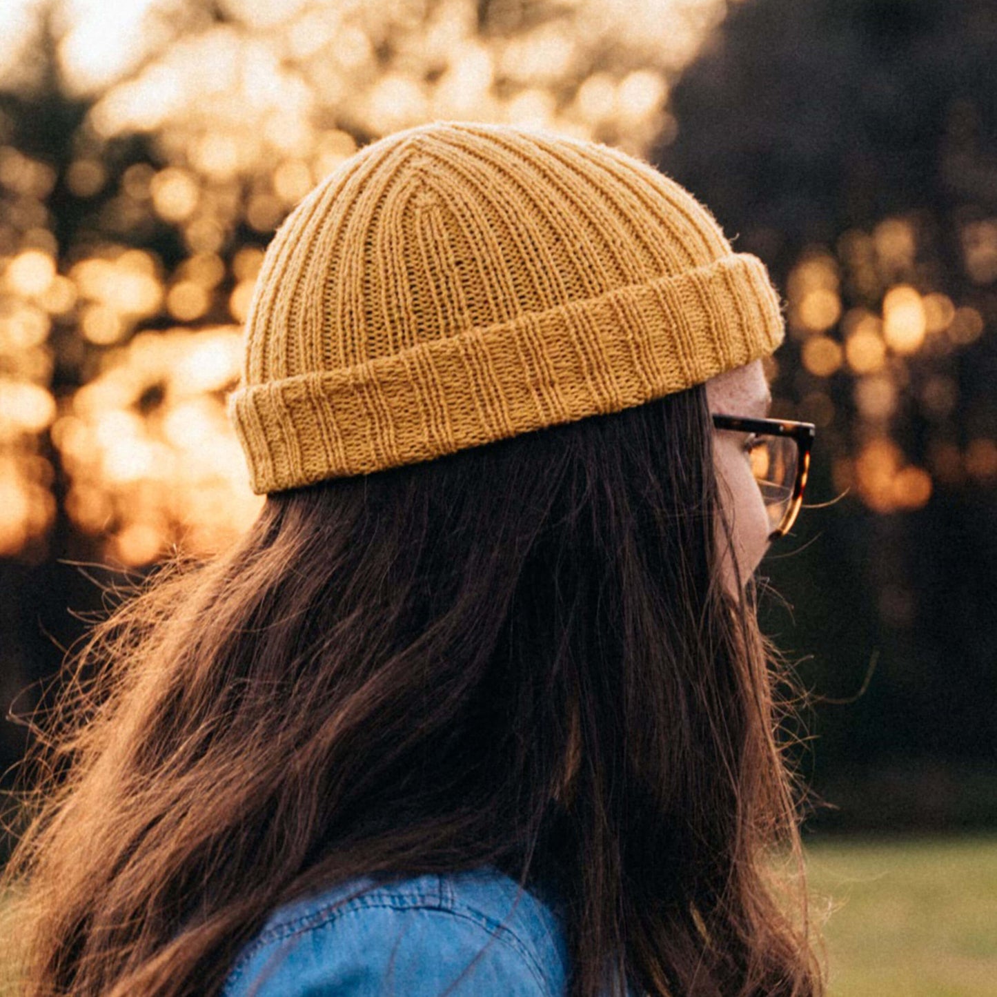 Hand knit wool beanie dark mustard