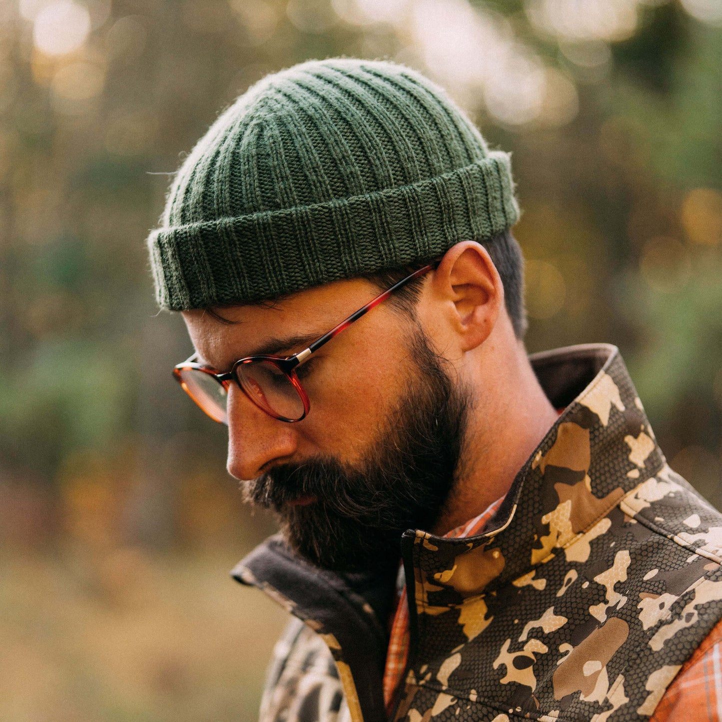 Hand knit wool beanie, moss green