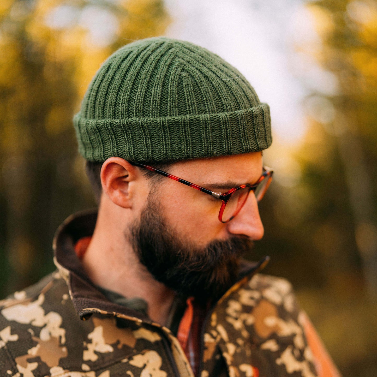 Hand knit wool beanie, moss green