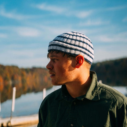 White and navy striped wool beanie, side view