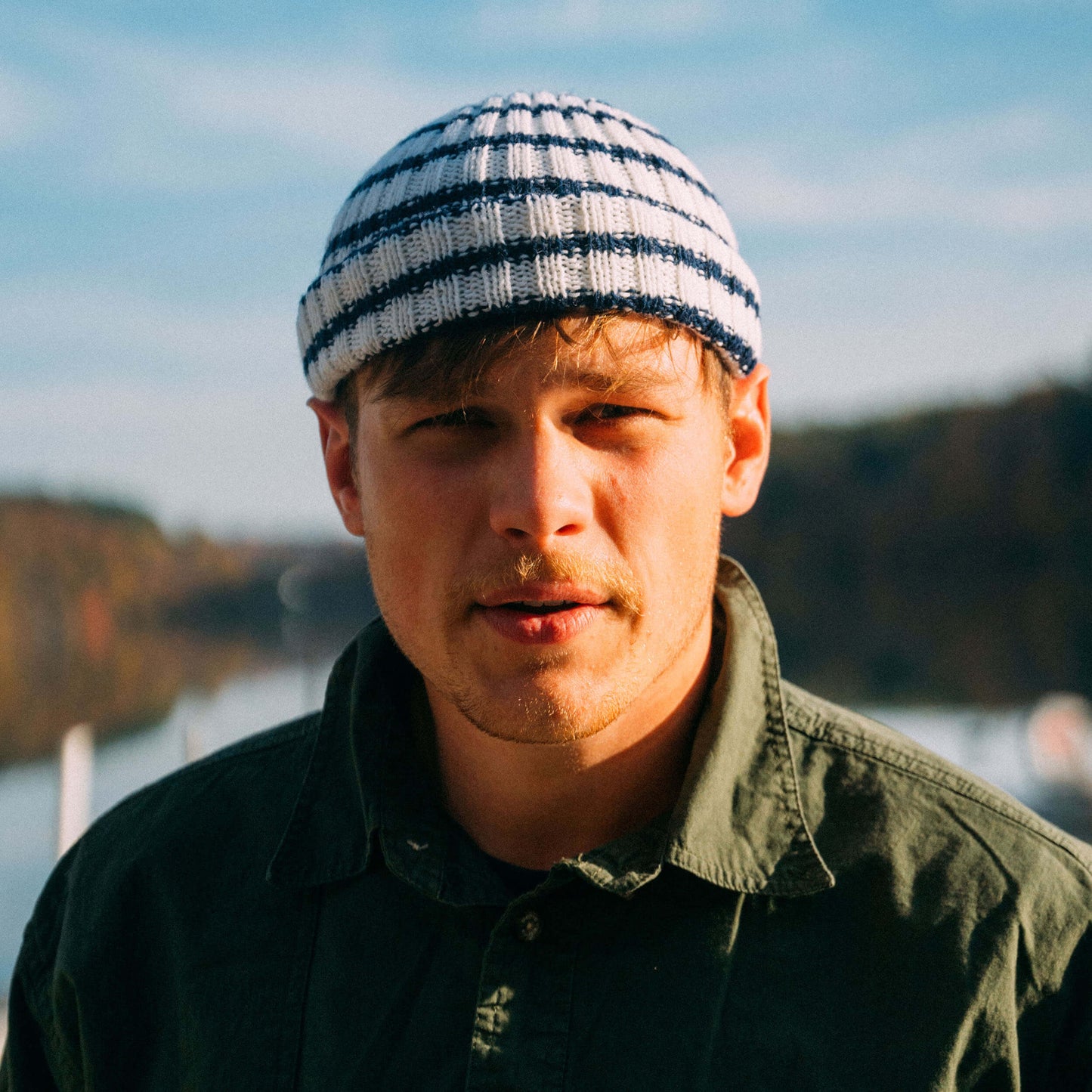 White and navy striped wool beanie, front view