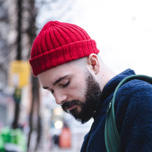 Red hand knit wool beanie