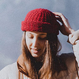 Red hand knit chunky 100% wool beanie