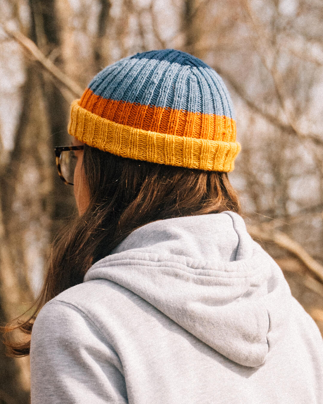 Retro hand knit wool beanie, slant back view